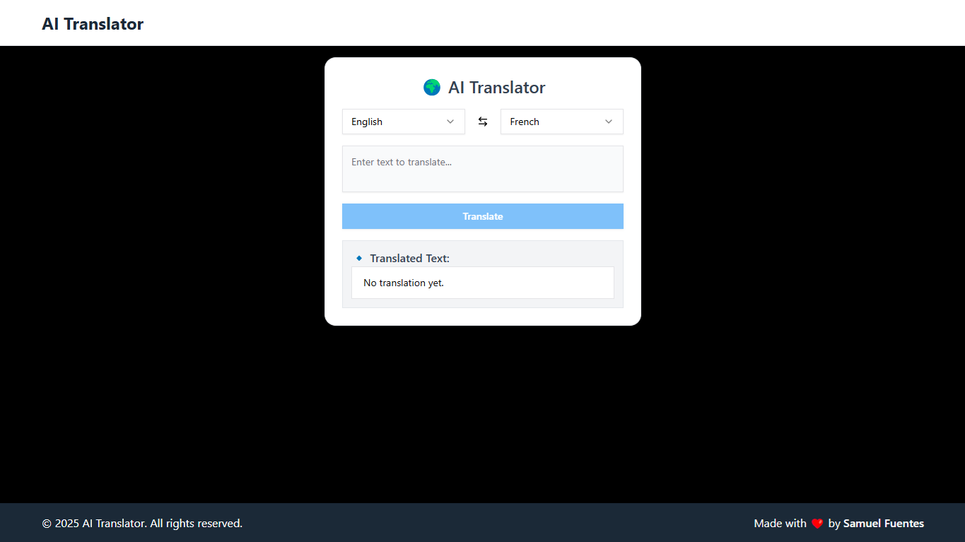 AI Translator interface showcasing language selection, translation input, and output