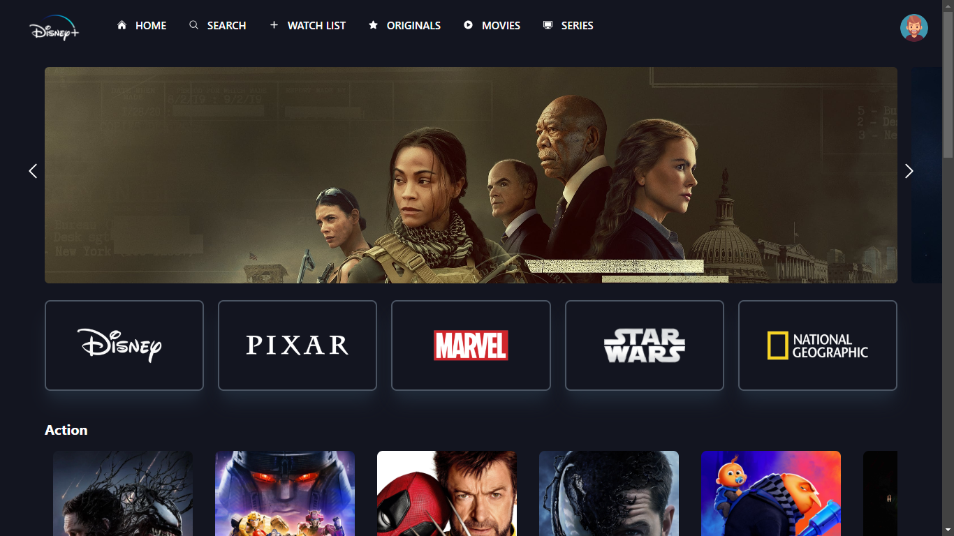 Disney Clone interface displaying Disney's iconic style and features