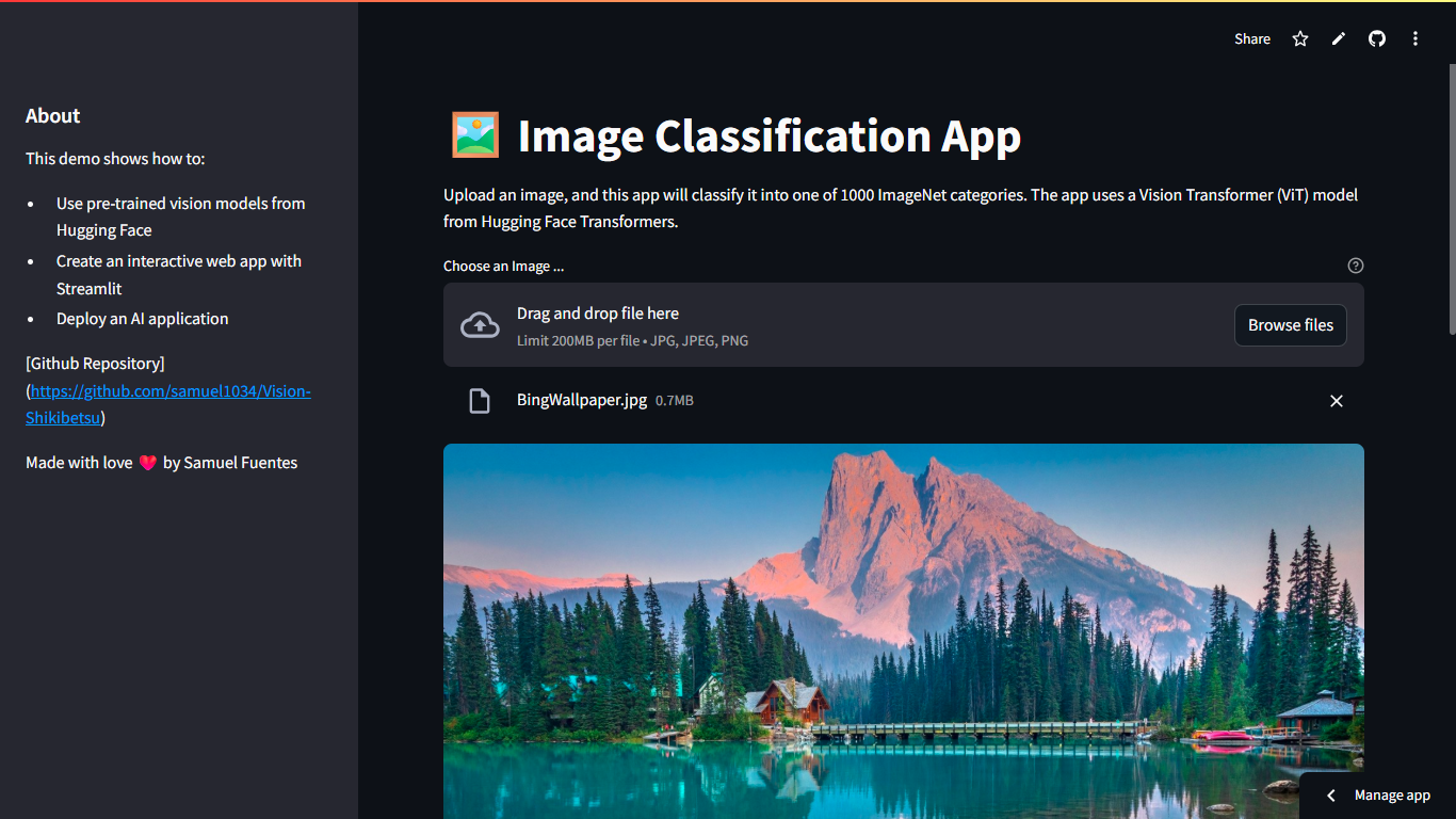Streamlit interface showing image upload and AI classification results